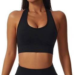 Neckholder Sport BH Rückenfrei Fitness Bustier Damen Gepolstert Push Up BH Ohne Bügel Sport BH Top Yoga Bra Mittlerer Halt Workout Neckholder Oberteil Damen Schwarz M von Bluelucon