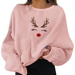 Rentier Pullover Damen T Shirts Weiblich Frühling Lang Crewneck Pulli Tops mit Weihnachtsmotiv Rentier Drucken Longpullover für Damen Weich Rutsche Tops Rosa L von Bluelucon