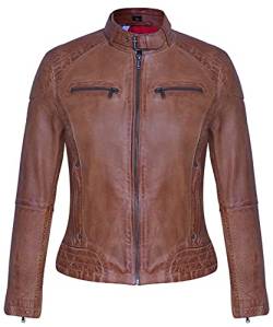 Blueorn Anneli Damen Lederjacke Bikerjacke – Moderner Echt Leder Jacke Übergangsjacke Stehkragen mit Druckknopf Schwarz-Cognac (as3, alpha, m, regular, regular, Tan, M) von Blueorn