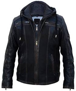 Blueorn Herren Lederjacke Hinrik Bikerjacke-Echt-Leder-Freizeitjacke gefütterte Übergangsjacke - Vintage Steppjacke mit Abnehmbarer Kapuzen-Hoodie (as3, alpha, xx_l, regular, regular, Schwarz, XXL) von Blueorn