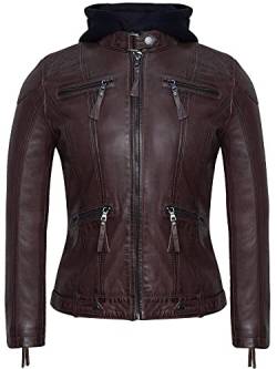 Blueorn INGA Damen Lederjacke mit abnehmbarer Kapuze - Echtleder Bikerjacke Damen aus feinstem Lammnappa Leder im Biker - Braun - Grün (as3, alpha, l, regular, regular, Dunkelbraun) von Blueorn