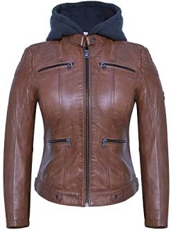 Blueorn INGA Damen Lederjacke mit abnehmbarer Kapuze - Echtleder Bikerjacke Damen aus feinstem Lammnappa Leder im Biker - Braun - Grün (as3, alpha, xx_l, regular, regular, Cognac) von Blueorn