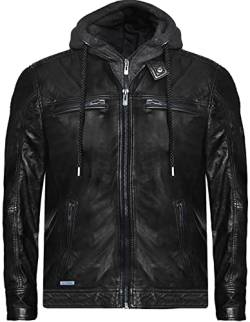 Bluepiel Herren Lederjacke Felix Bikerjacke Vintage Jacke aus Lammnappa Leder mit Abnehmbarer Hoodie-Kapuzen Übergangsjacke Echtlederjacke Freizeitjacke Schwarz (3XL, Schwarz) von Bluepiel