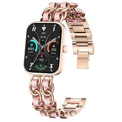 Blueshaweu Damen Kettenbänder Kompatibel mit Blackview Smartwatch 1,83'', Edelstahlband Lederschlaufe Ersatzarmband für Blackview W20 Smartwatch (Roségold-Rosa) von Blueshaweu