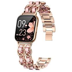 Blueshaweu Damen Kettenbänder Kompatibel mit SWGOTA 2023 Smartwatch Damen 1.85", Edelstahlband Lederschlaufe Ersatzarmband für SWGOTA CS2PRO Smartwatch (Roségold-Rosa) von Blueshaweu