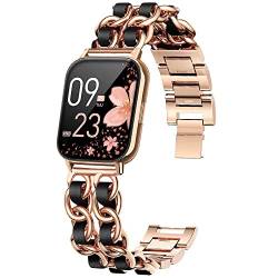 Blueshaweu Damen Kettenbänder Kompatibel mit SWGOTA 2023 Smartwatch Damen 1.85", Edelstahlband Lederschlaufe Ersatzarmband für SWGOTA CS2PRO Smartwatch (Roségold-schwarz) von Blueshaweu