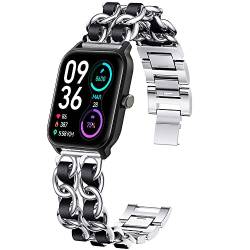 Blueshaweu Damen Kettenbänder Kompatibel mit TOOBUR IDW13 / Gydom IDW13 / Woneligo W13 Smartwatch, Edelstahlband Lederschlaufe Ersatzarmband für IDW13 Smartwatch 1,8'' (Silber-schwarz) von Blueshaweu