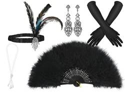 1920er Gatsby Kostüm Zubehör Set für Frauen inklusive 1920er Kopfschmuck, Baumeln Ohrringe, Elastische Satin Handschuhe, Schwarzer Halter, Perle Halskette und Vintage Feder Fächer von Blulu