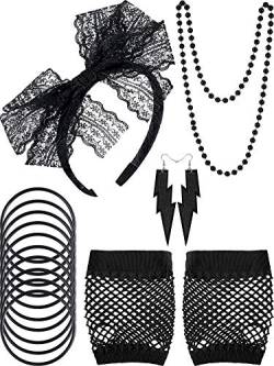 80 Jahre Fancy Kostüm Set, Spitze Stirnband Neon Ohrringe Fingerlose Fischnetz Handschuhe Schwarze Perle Halskette Silikon Armbänder für 80 Party und Halloween von Blulu
