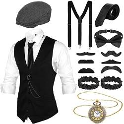 Blulu 1920er Herren Gatsby Kostüm Zubehör Set 1920er Männer Kostüm Gangster Kostüm Zubehör Weste Zeitungsjunge Hut Taschenuhr Fliege (L) von Blulu
