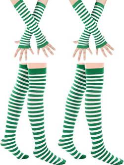 Blulu 2 Sets St. Patrick's Day Gestreiftes Kostüm Zubehör, Einschließlich 2 Paar Shamrock Gestreift Über Knie Socken und 2 Paar Dame Gestreifte Armwärmer (Set 1) von Blulu