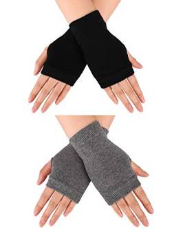 Blulu Fingerless Warm Gloves with Thumb Hole Cozy Half Fingerless Driving Gloves Knit Mittens for Men, Women (Black, Grey, 2 Pairs) von Blulu