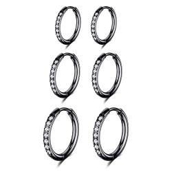 Bo Win 3 Paare Edelstahl Schwarz Ohrringe Herren Creolen Damen Ohrringe Diamant Männer Brilliant Ohrringe Zirkonia Huggie Ohrringe Creolen Kleine Set Ohrringe Damen Schwarz Titan Piercing 8 10 12MM von Bo Win