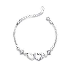 Bo&Pao Herz Armband Damen 925 Sterling Silber, Herz Armkette Frauen mit weißen Zirkonia, 20 cm, verstellbar von Bo&Pao
