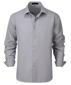 Herren Kleid Shirts Slim Fit Stretch Button Down Shirts Langarm Smoking Shirts Solide Kleid Hemden für Männer Formal Business, GRAU, X-Klein von BoFan
