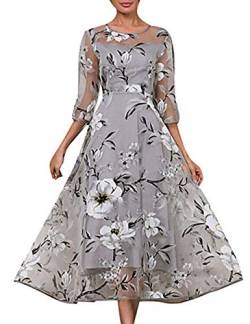 Boan Damen Elegant Midi Kleid Plissee groß aus Satin Organza bedruckt Blumen halbe Ärmel für Abend, Party, Alltag, Kleid große Größe Gr. X-Large, grau von Boan