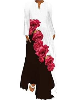 Boan Damen Maxi Kleid lang Tunika Kleid Casual Bohemian bedruckt Blumen Langarm für Sommer Herbst Strandkleid, 4 weiße und schwarze Rosen, XXXXL von Boan
