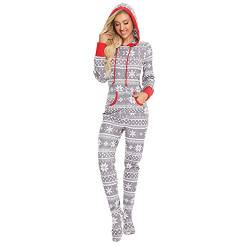 Boan Damen Overall Sweatshirt, Pyjama, Schlafanzug, Kapuze mit Schuhen aus Flanell, bedruckt mit Schneeflockenmotiv, für Winter Gr. L, grau von Boan