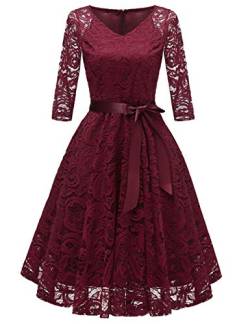 Boan Damen Sexy Midi-Kleid, plissiert, große Spitze, Blumenmuster, halber Ärmel, V-Ausschnitt, mit Dekoration, Gürtel, Schleife, für Abend, Party, Ehrerin Gr. 46, bordeaux von Boan