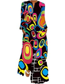 Boan Maxi-Kleid, lang, Tunika, Bohemian-Kleid, bedruckt, V-Ausschnitt, langärmlig, bequem, für Sommer, Strandkleid, Größe Plus, 4 schwarze Kreise, X-Large von Boan