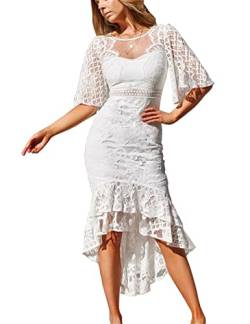 Boan Sexy Midi-Kleid, Meerjungfrauen-Kleid, lang, asymmetrisch, aus Spitze, für Abende, Cocktail, Zeremonie, weiß, Small von Boan