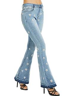 Damen Slim Jeans Jeans Jeans Denim Denim Normale Größe mit Blumen bestickt Gänseblümchen groß, blau, 40 von Boan