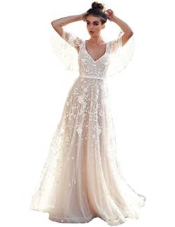 Maxi-Kleid, lang, für Zeremonie, Hochzeit, Prinzessin, Bräutigam, aus Satin, Spitze, Chiffon, kurze Ärmel, weiß, X-Large von Boan