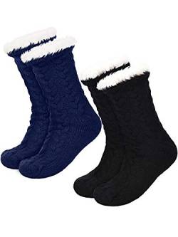 2 Paar Damen Warme Pantoffel Socken Weihnachten Fuzzy Socken Fleece-gefütterte Rutschfeste Pantoffel Socken (Schwarz und Blau) von Boao