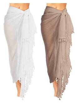 2 Stück Damen Strand Batik Langer Sarong Badeanzug Cover Up Wrap Pareo mit Quaste für Frauen Mädchen, Weiß, Khaki, XL von Boao