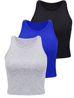 3 Stück Damen Baumwolle Basic Ärmellos Racerback Crop Tank Top Sport Crop Top für Damen Mädchen Tägliches Tragen, Schwarz, Königsblau, Hellgrau, Groß von Boao