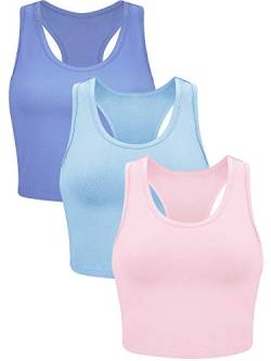 3 Stück Damen Baumwolle Basic Ärmellos Racerback Crop Tank Top Sport Crop Top für Tägliche Tragen (Hellblau, Dunkelblau, Pink, L) von Boao