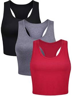 3 Stück Damen Baumwolle Basic Ärmellos Racerback Crop Tank Top Sport Crop Top für Tägliche Tragen (Schwarz, Dunkelgrau, Rot, M) von Boao