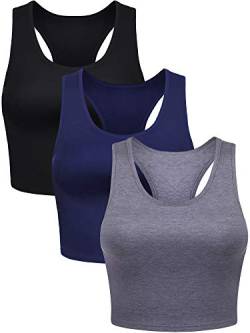 3 Stück Damen Baumwolle Basic Ärmellos Racerback Crop Tank Top Sport Crop Top für Tägliche Tragen (Schwarz, Marine, Grau, M) von Boao