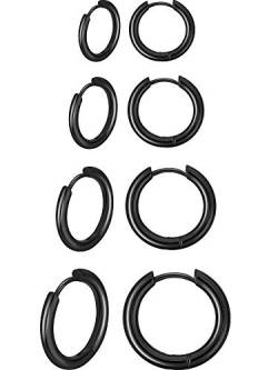 4 Paare Edelstahl Creolen Ohrringe Kleine Knorpel Hoop Ohrringe Nase Lippen Ringe für Männer und Damen (12 mm, 14 mm, 16 mm, 18 mm, Schwarz) von Boao
