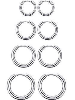 4 Paare Edelstahl Creolen Ohrringe Kleine Knorpel Hoop Ohrringe Nase Lippen Ringe für Männer und Damen (8 mm, 10 mm, 12 mm, 14 mm, Stahl Farbe, Schwarz) von Boao