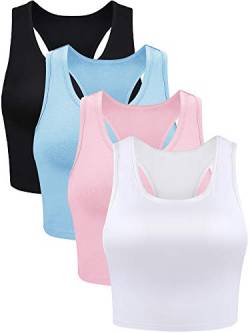 4 Stück Basic Crop Tank Tops Ärmelloses Racerback Crop Sport Baumwolle Top für Damen (Schwarz, Weiß, Blau, Rosa, L) von Boao