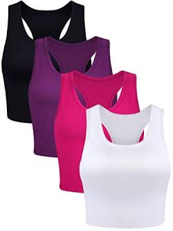 4 Stück Basic Crop Tank Tops Ärmelloses Racerback Crop Sport Baumwolle Top für Damen (Schwarz, Weiß, Rosenrot, Lila, M) von Boao