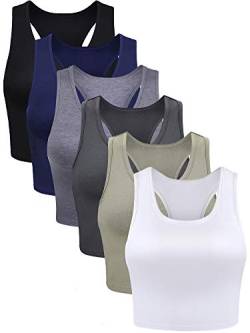 6 Stück Basic ärmellose Racerback Sport Crop Tank Tops für Frauen Mädchen Alltag, Schwarz, Weiß, Dunkelgrau, Marineblau, Grau, Oliv, XX-Large von Boao