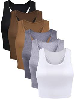 6 Stück Basic ärmellose Racerback Sport Crop Tank Tops für Frauen Mädchen Alltag, Schwarz, Weiß, dunkle Schokolade, Schokolade, Dunkelgrau, Hellgrau, Large von Boao