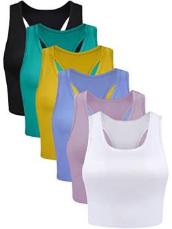 6 Stück Basic ärmellose Racerback Sport Crop Tank Tops für Frauen Mädchen tägliches Tragen, Schwarz, Altrosa, Grün, Blau, Weiß, Gelb, X-Large von Boao