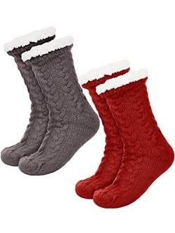 Boao 2 Paar Damen Warme Pantoffel Socken Weihnachten Fuzzy Socken Fleece-gefütterte Rutschfeste Pantoffel Socken (Grau und Rot) von Boao