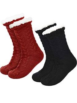 Boao 2 Paar Damen Warme Pantoffel Socken Weihnachten Fuzzy Socken Fleece-gefütterte Rutschfeste Pantoffel Socken (Schwarz und Rot) von Boao