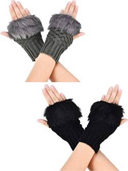 Boao 2 Paare Fingerlose Winter Handschuhe Kurze Touchscreen Handschuhe Daumenloch Handschuhe Gestrickte Warme Handschuhe mit Kunstpelz zum Weihnachten Valentinstag (Schwarz und Dunkelgrau) von Boao