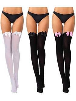 Boao 3 Paar Damen Schleifen Spitze Overknee Strümpfe Oberschenkelhohe Socken für Halloween Valentinstag Kleid von Boao