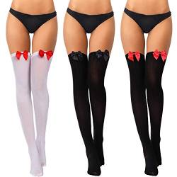 Boao 3 Paar Damen Schleifen Spitze Overknee Strümpfe Oberschenkelhohe Socken für Halloween Valentinstag Kleid von Boao