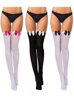 Boao 3 Paar Frauen Schleife Spitze Oberschenkelhohe Strümpfe Socken (Weiß mit Schwarzer Schleife, Schwarz mit Weißer Schleife, Weiß mit Rosaroter Schleife) von Boao