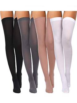 Boao 4 Paare Damen Seiden Oberschenkel Hohe Strümpfe Nylon Socken für Damen Halloween Cosplay Kostüm Party Zubehör (Schwarz, Weiß, Hautfarbe, Grau, Übergröße) von Boao