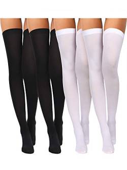 Boao 4 Paare Damen Seiden Oberschenkel Hohe Strümpfe Nylon Socken für Damen Halloween Cosplay Kostüm Party Zubehör (Schwarz, Weiß, Übergröße) von Boao