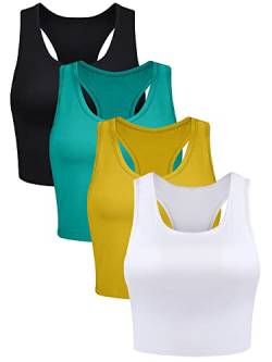 Boao 4 Stück Basic Crop Tank Tops Ärmellos Racerback Crop Sport Top für Damen, Black, White, Bright Yellow, Green, Groß von Boao