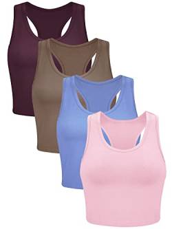 Boao 4 Stück Basic Crop Tank Tops Ärmellos Racerback Crop Sport Top für Damen, Leder Pink, Kaffee, Gelassenheit, Dunkelrot, Groß von Boao